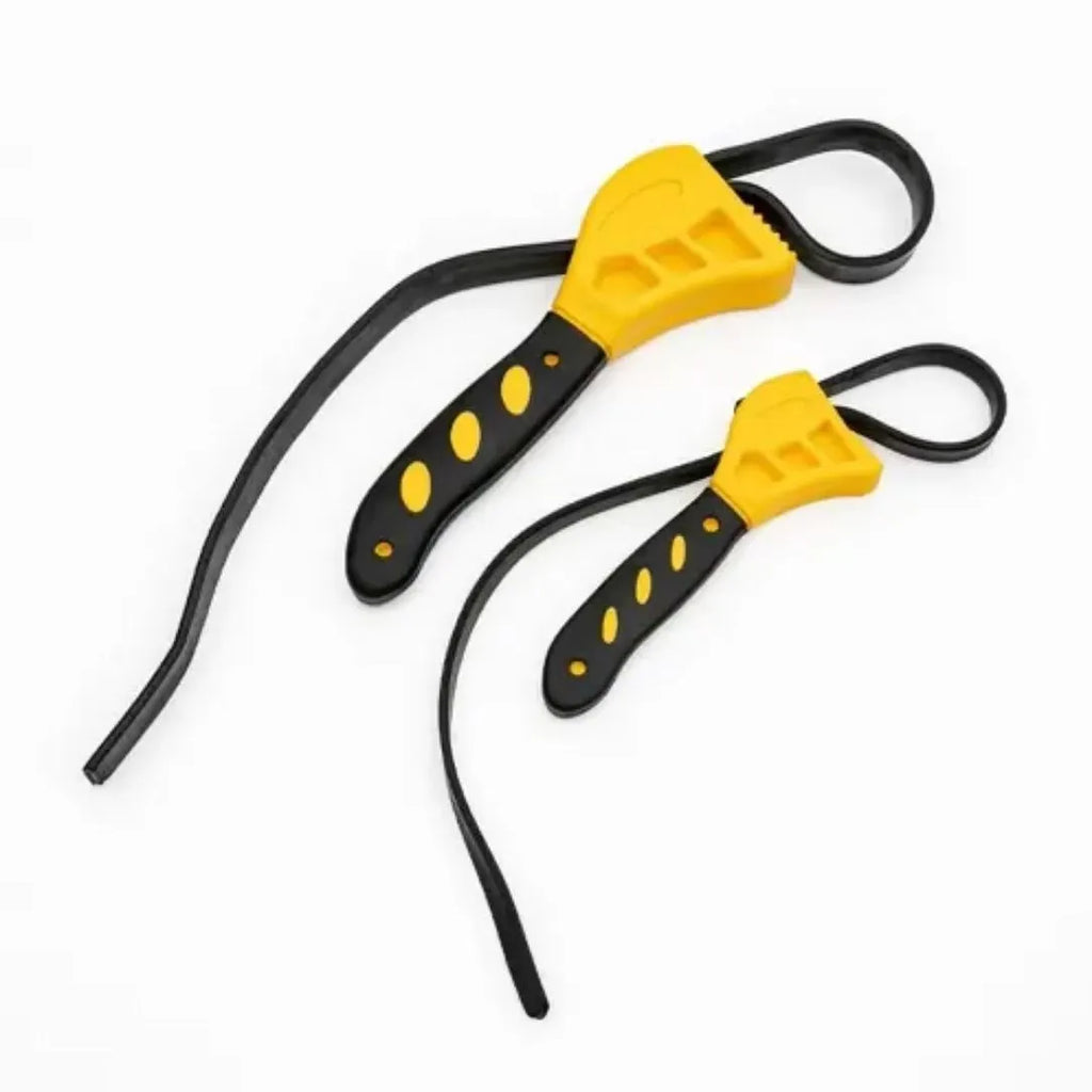 A 6 inch and 8 inch rubber strap wrench set with adjustable straps and phosphated metal finish.