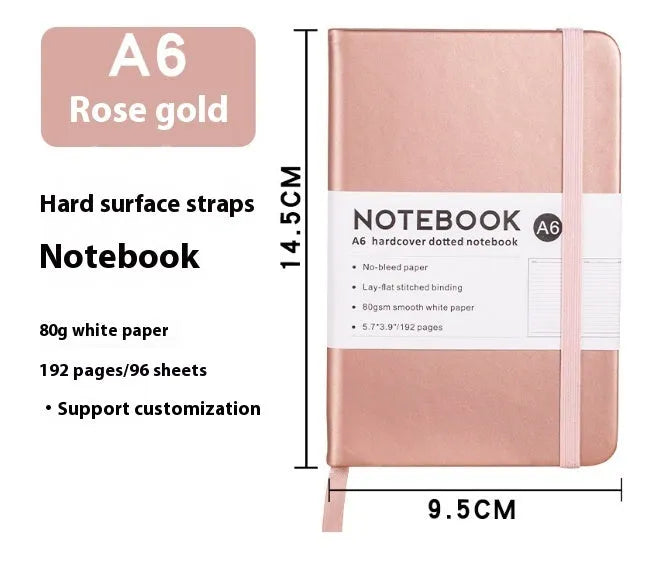 A5 office diary with hand skin feeling PU leather cover and strap closure, open to show horizontal line pages.