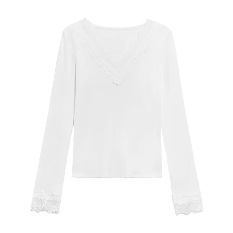 White V-neck long sleeve top with lace stitching and brushed finish, slim fit, sizes S-XL.
