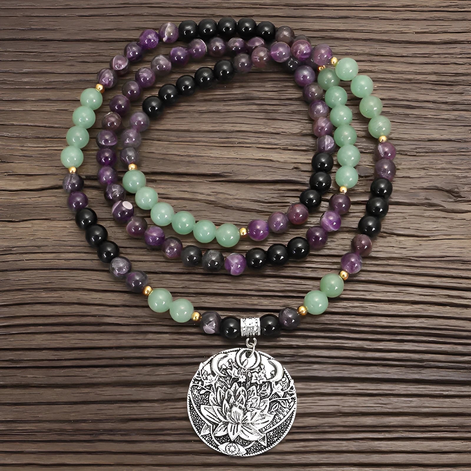 Yoga lotus pendant necklace and bracelet set with handmade stone beads on alloy chain