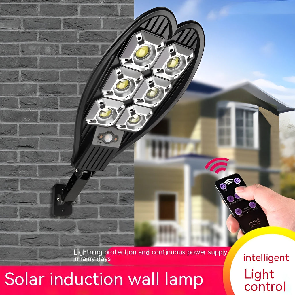6-eye sword-shaped outdoor solar garden lamp with remote control on a white background.
