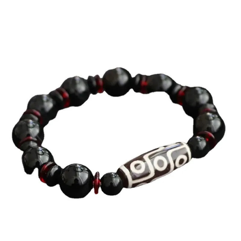 Black agate dzi bead bracelet with geometric 11mm chalcedony beads