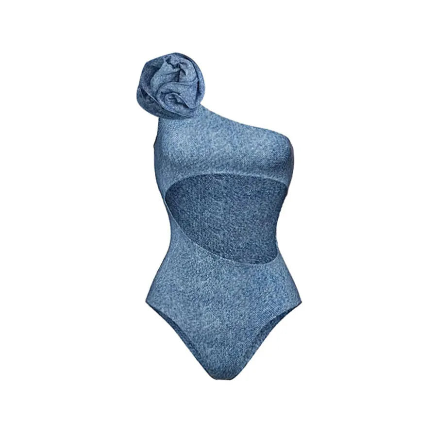 Women's decorative one-piece swimsuit with flower detailing and one-shoulder design in nylon fabric