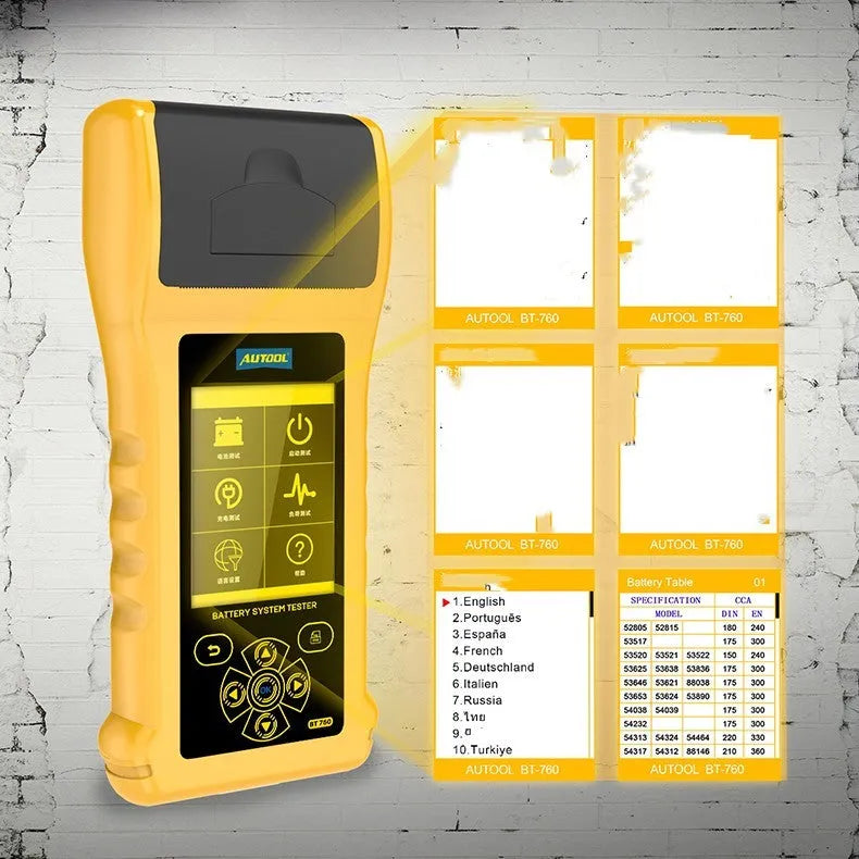 Autool BT760 vehicle battery tester with colour screen, test clips, and built-in thermal printer.