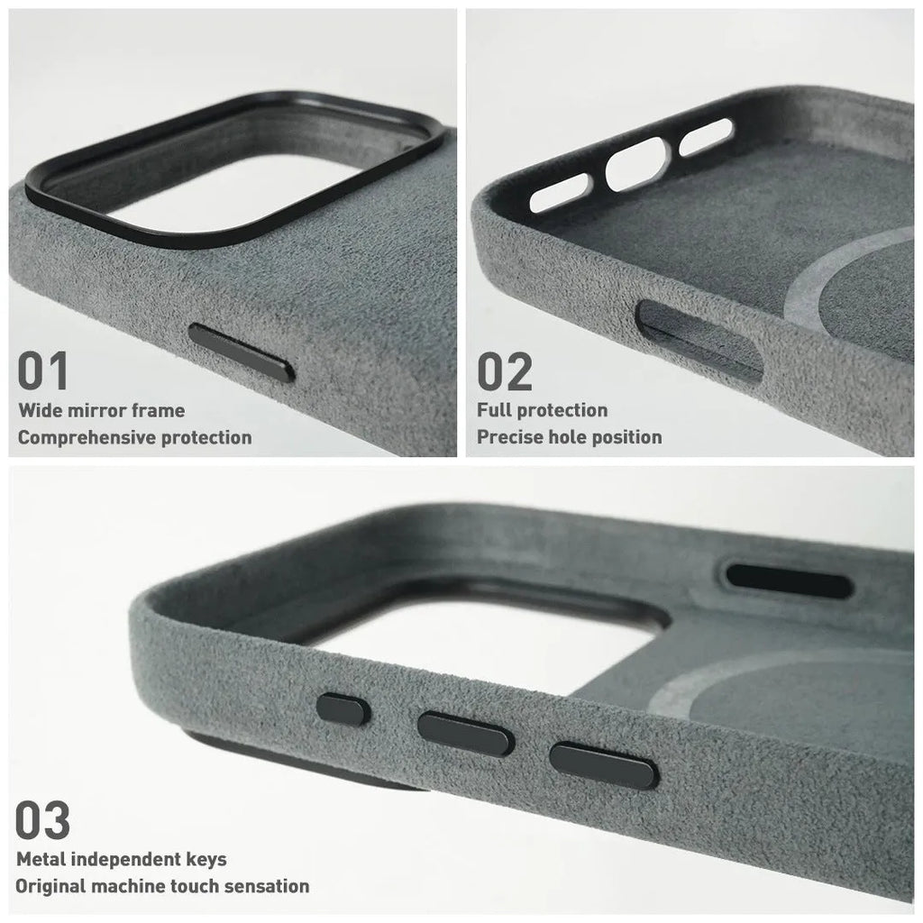 Handmade Alcantara phone case for iPhone 17 Pro Max, dark gray, with magnetic suction and anti-fingerprint finish