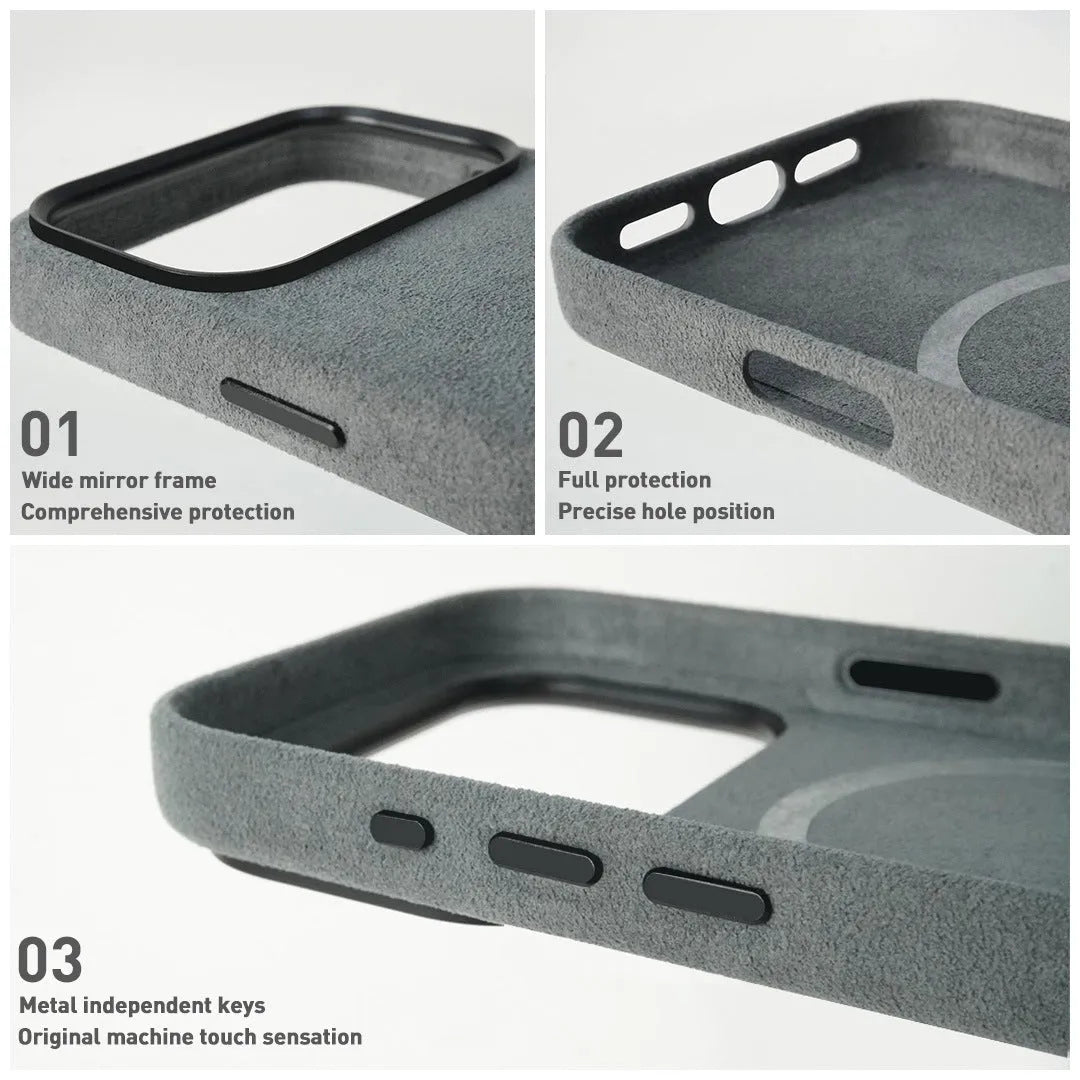 Handmade Alcantara phone case for iPhone 17 Pro Max, dark gray, with magnetic suction and anti-fingerprint finish