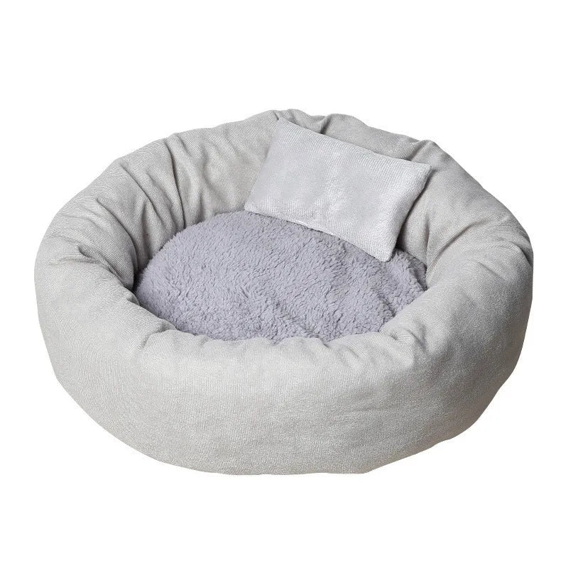Round PP cotton filled pet bed in light gray with pillow option for dogs