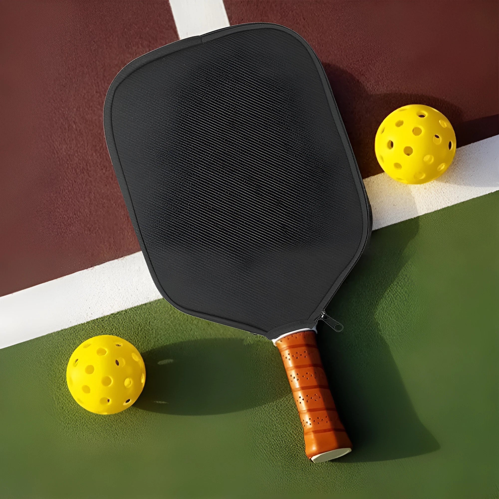 A black neoprene protective sleeve for a table tennis racket blade.