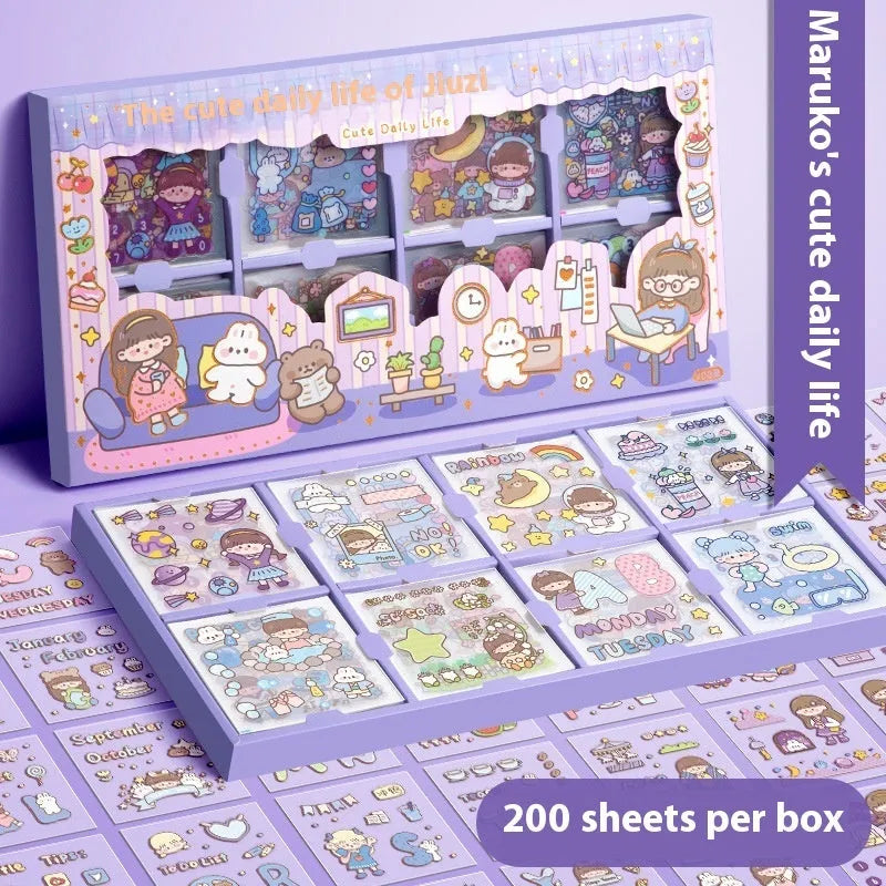 Children's sticker card notebook with colourful meatball, star, tea party, and diary character stickers