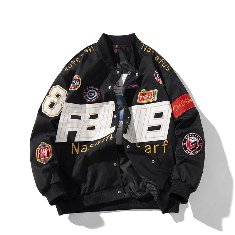 Loose-fitting black American motorcycle baseball jacket with detachable hood on a hanger