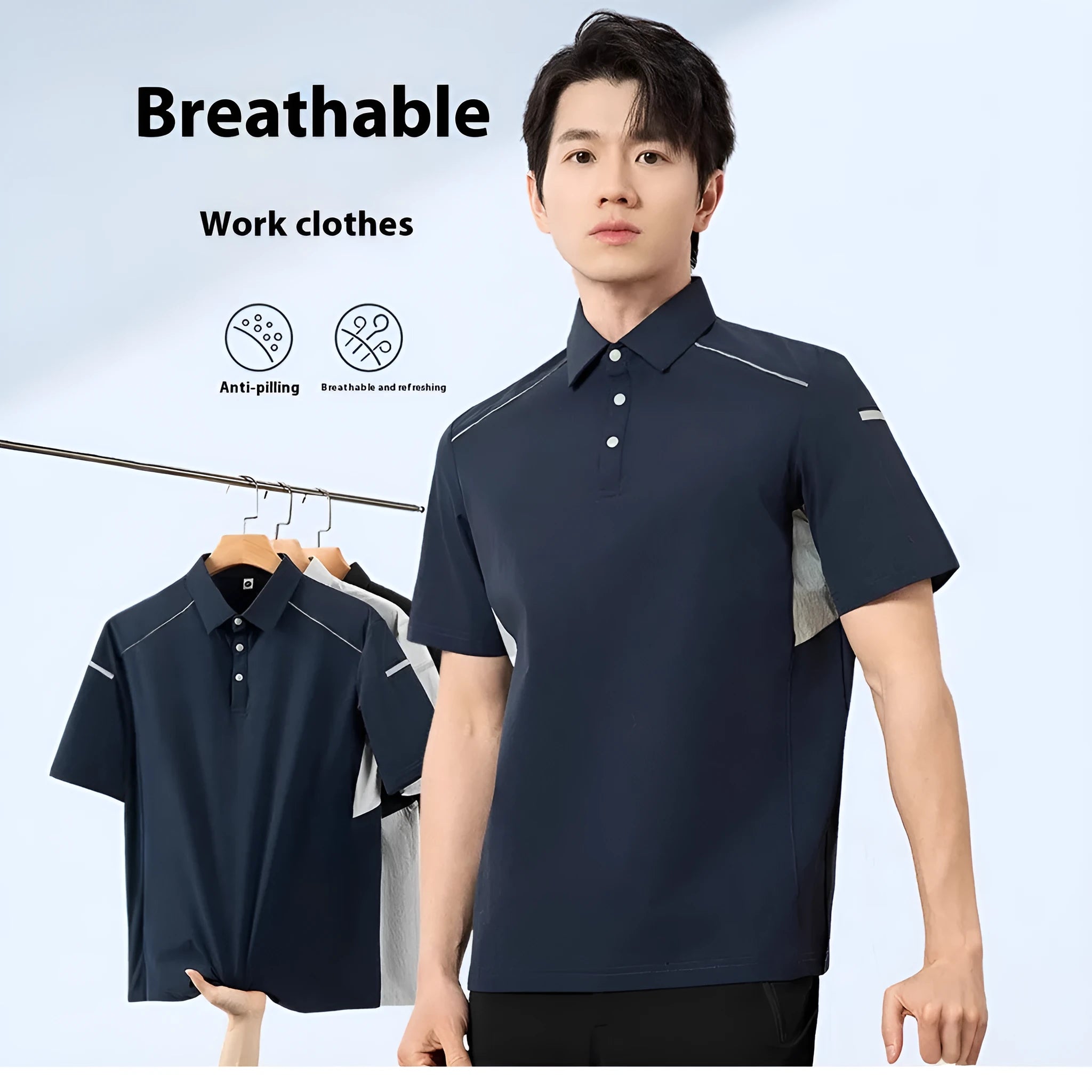 Men's classic black quick-dry polo shirt with short sleeves on a hanger