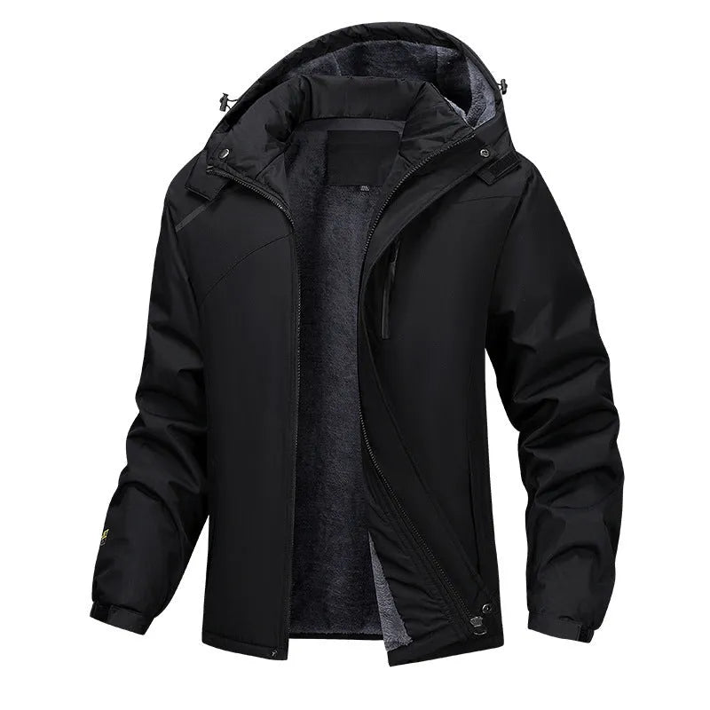 Men's plus size loose hooded coat in Army Green, showing waterproof polyester construction