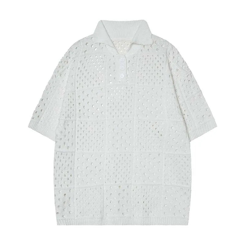 Solid colour hollow knit polo shirt with short sleeves and loose cardigan styling for teenagers