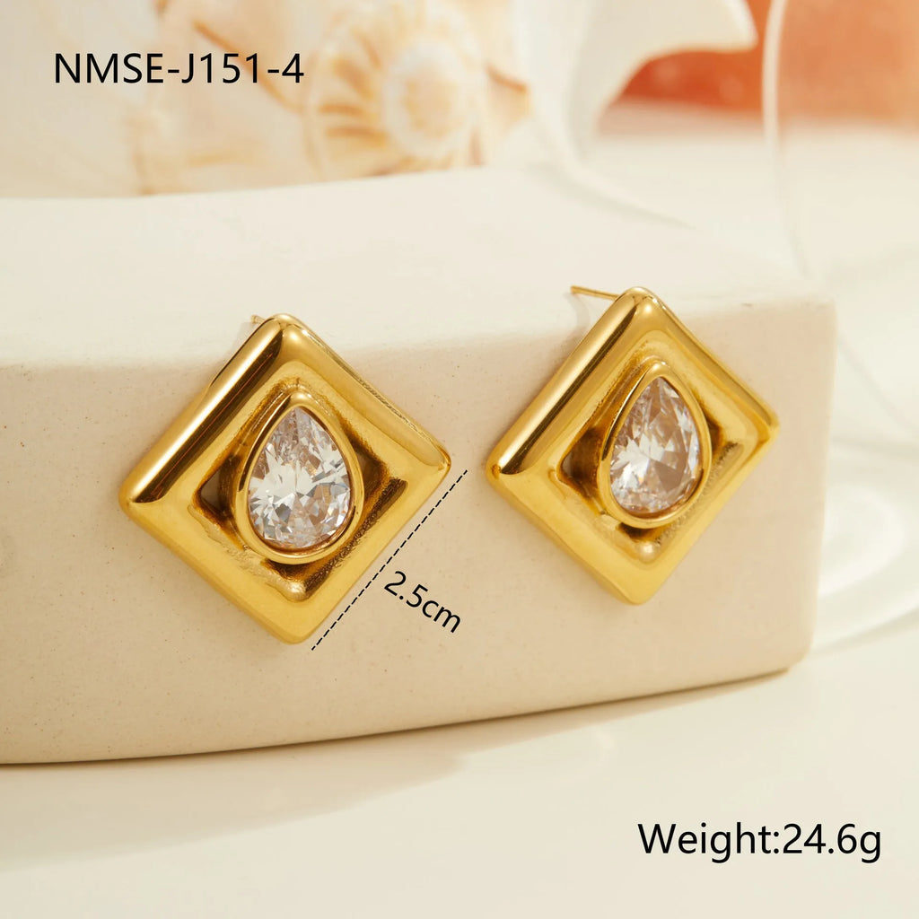 Gold geometric stud earrings with water drop zircon detail on stainless steel