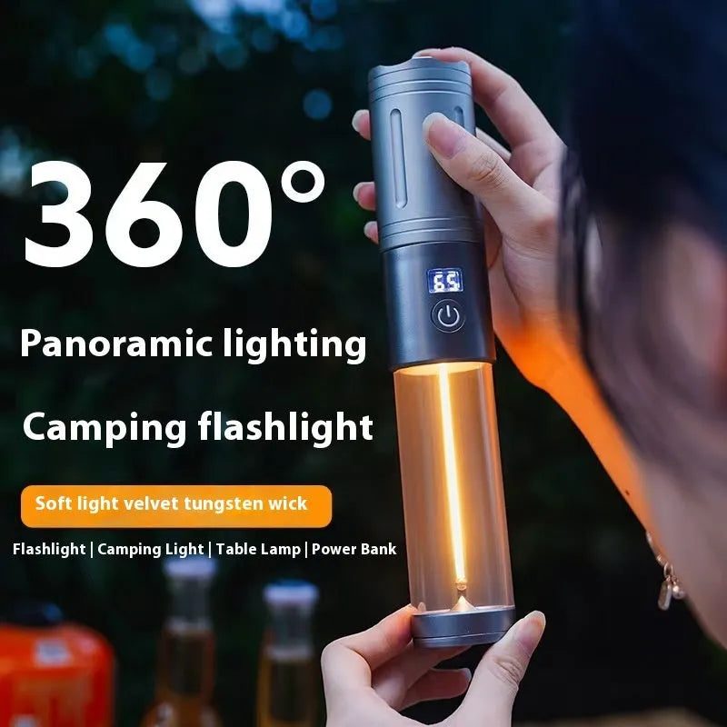 Portable rechargeable LED camping lantern with Type-C charging, telescopic zoom and tungsten wire style
