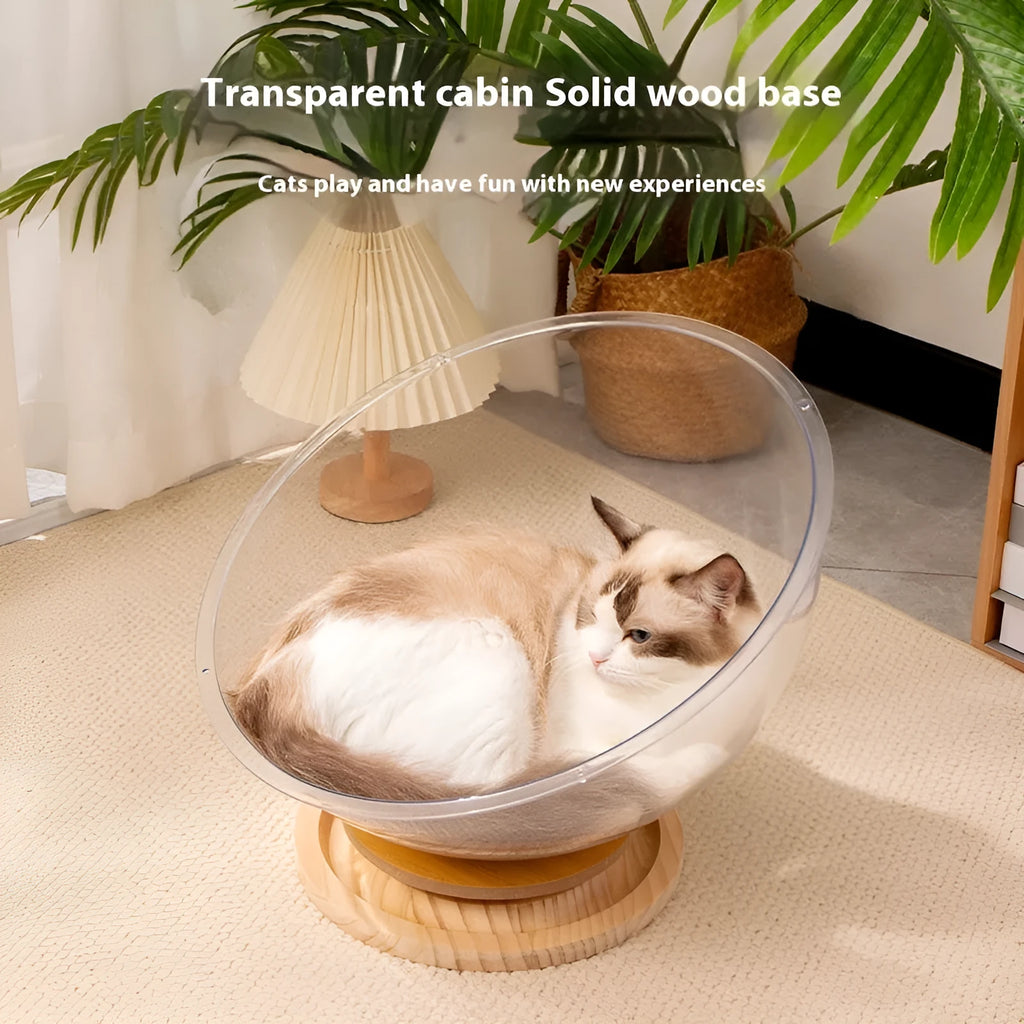 Transparent acrylic space capsule turntable cat bed enclosure shown in clear material with turntable base