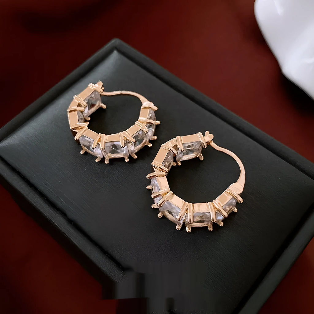 Women's gold-tone copper U-shaped geometric earrings with micro-inlaid zircon