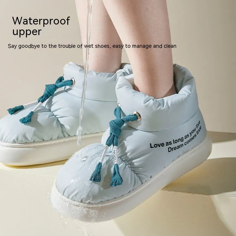 Winter drawstring cotton shoes for women in cream colour with thick plush lining and EVA sole