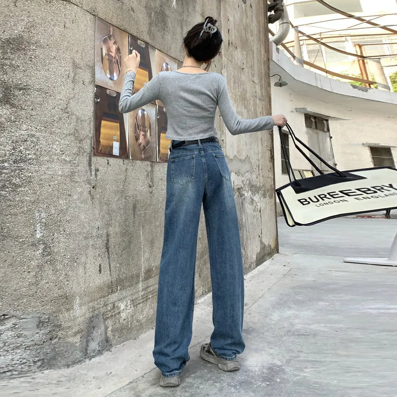 Women's high-waist straight leg jeans in retro blue cotton denim