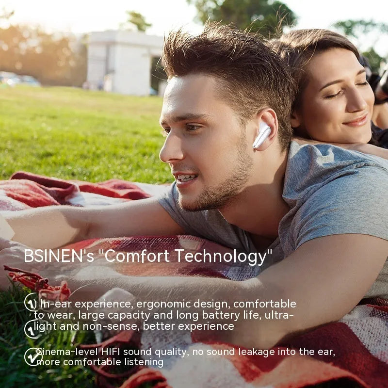 Intelligent active noise reduction wireless Bluetooth headset in black with charging case and Type-C port