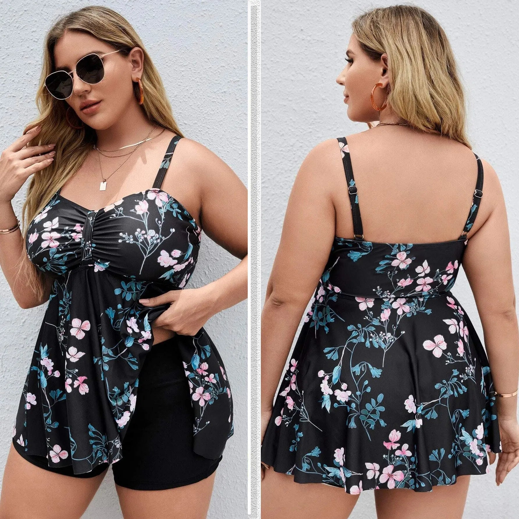 Women's floral print one-piece swimsuit with split colour design on high elasticity polyester fabric.