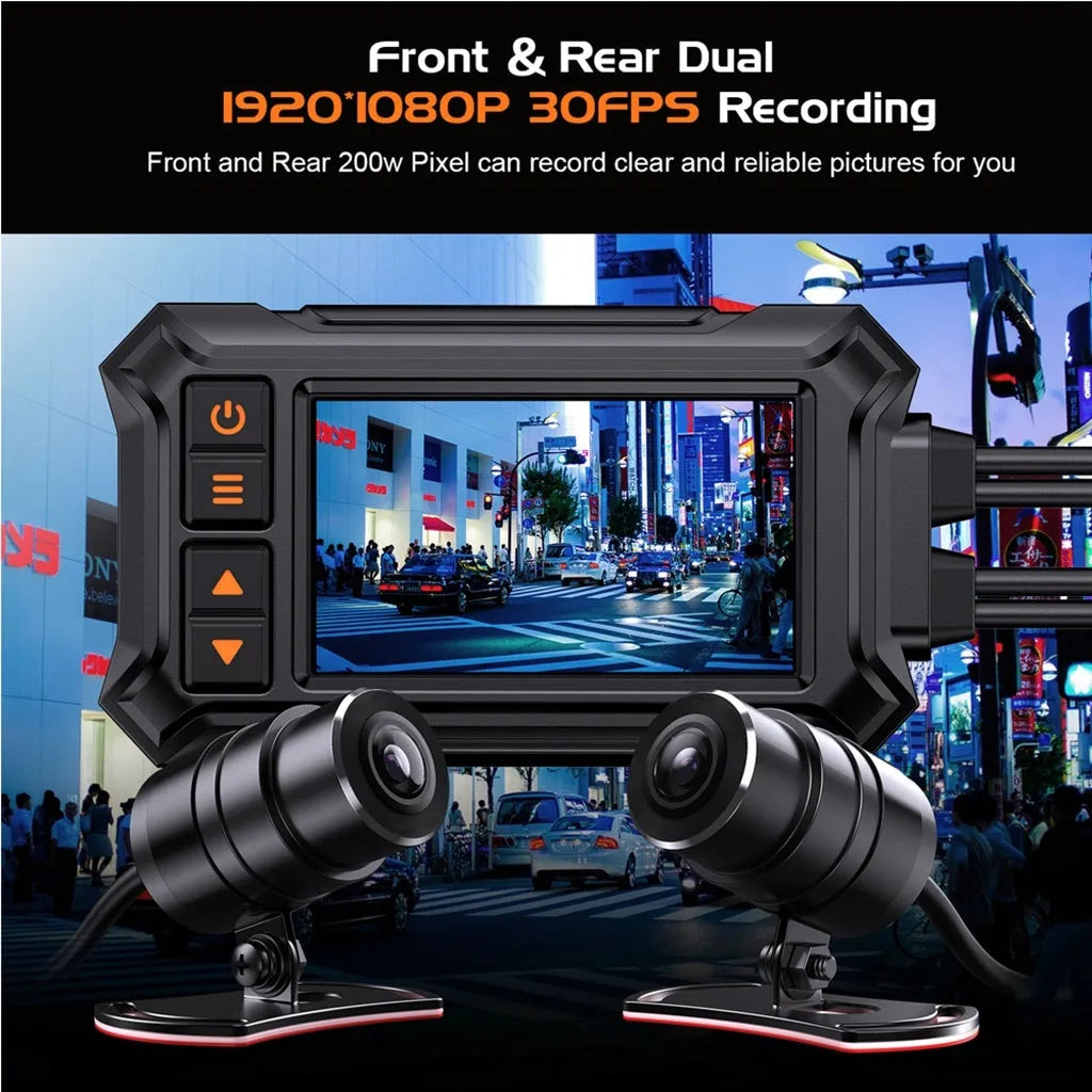 Motorcycle dash cam system with 3-inch screen, dual lenses, GPS module, and handlebar controller