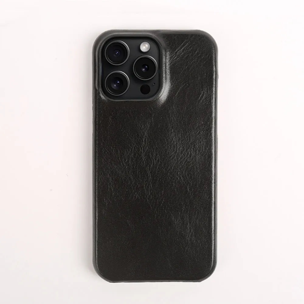 Handmade genuine leather iPhone 16 case in black, brown, dark blue, dark brown, or dark red