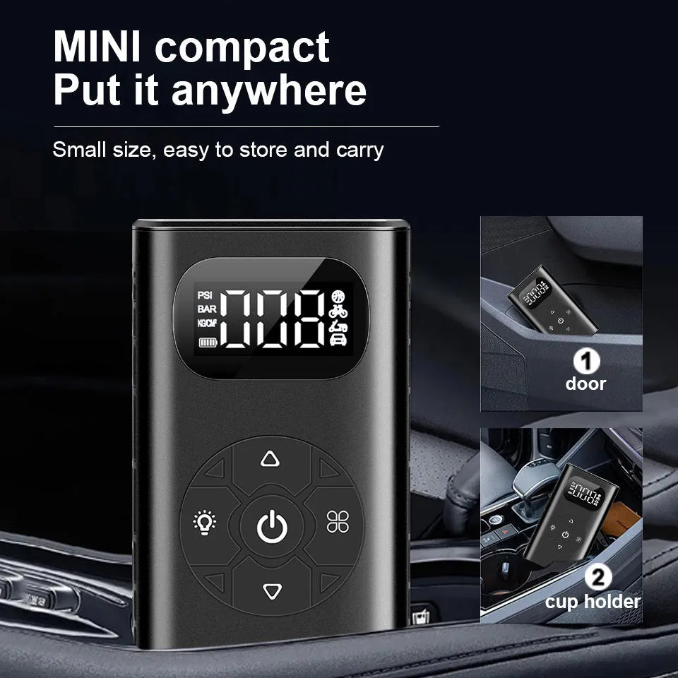 Black M09X portable tyre inflator power bank with aviation aluminium alloy construction and USB charging port