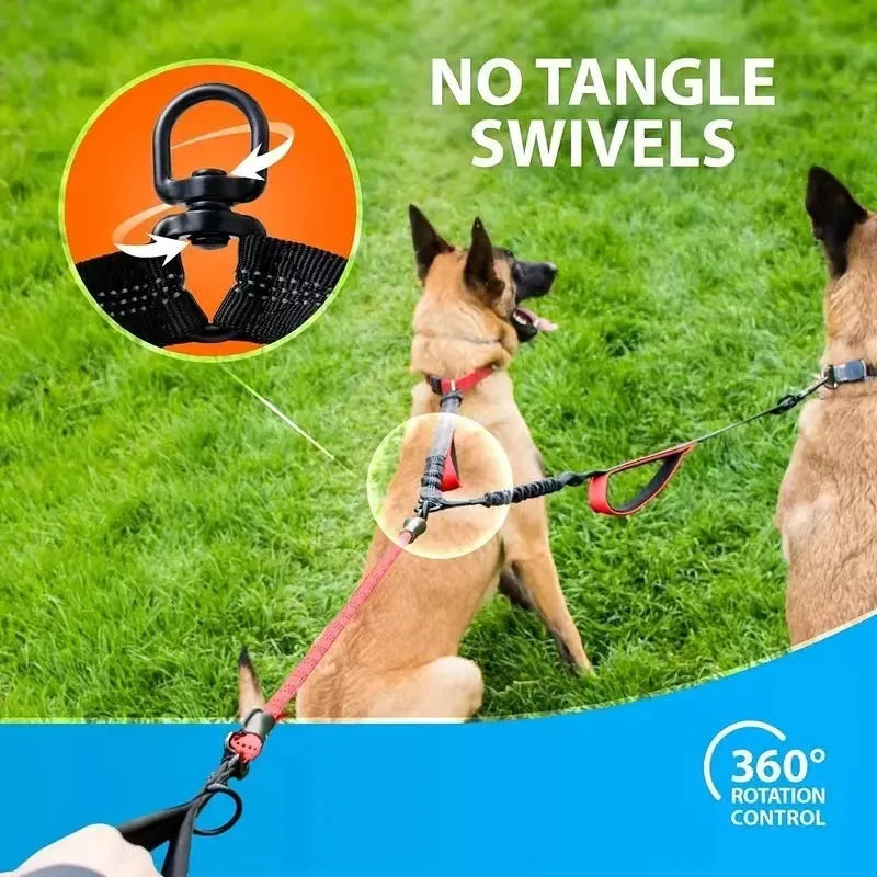 Hand-holding nylon dog rope for two large dogs, stretching double head and waist belt, available in multiple colours