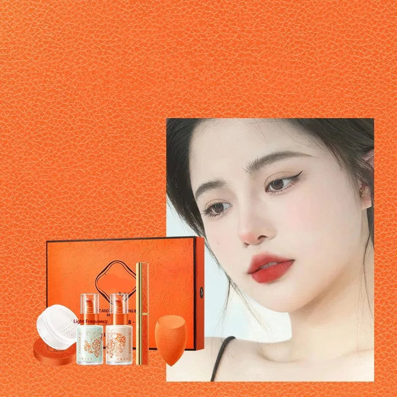 Five piece light fog makeup set with isolating milk, liquid foundation, small tube lipstick and loose powder in ivory and natural