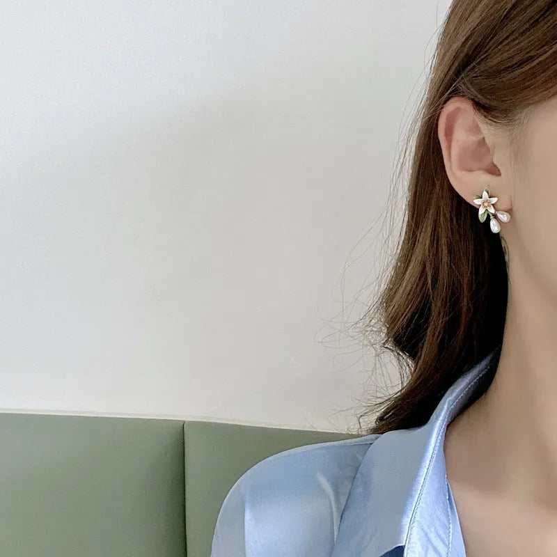 Sterling silver colour camellia flower earrings with needle studs and matching clip in contrast colours