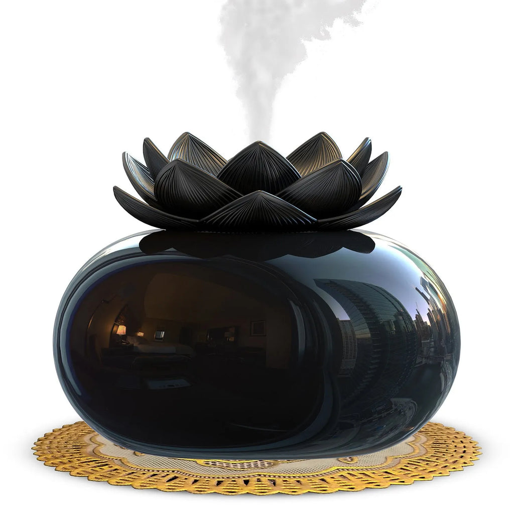 Pure black lotus-shaped aromatherapy humidifier with USB cable and ceramic mist diffusion plate