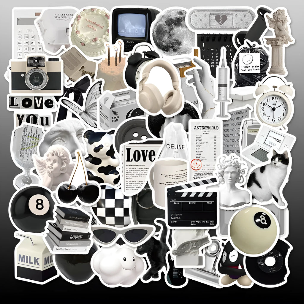 Black and white PVC waterproof sticker set with 61 pieces for multiple surfaces