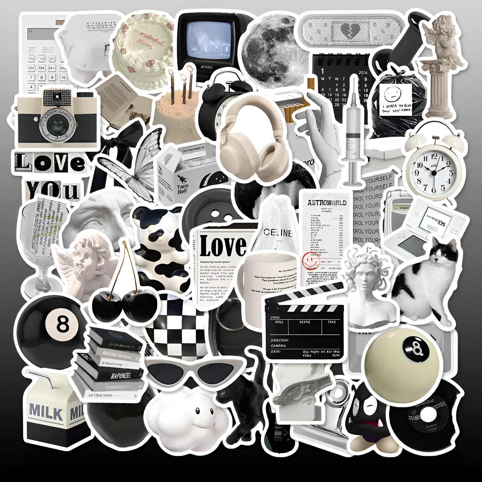 Black and white PVC waterproof sticker set with 61 pieces for multiple surfaces