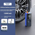 Blue wireless portable car tyre inflator with digital display and LED light on dark background