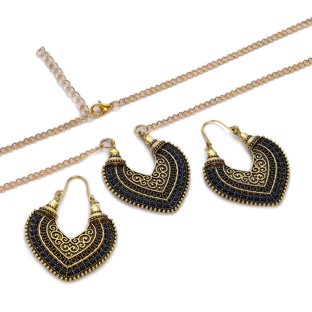 Rope winding heart-shaped earrings and matching necklace set with electroplated alloy pendants, shown in one of five colours