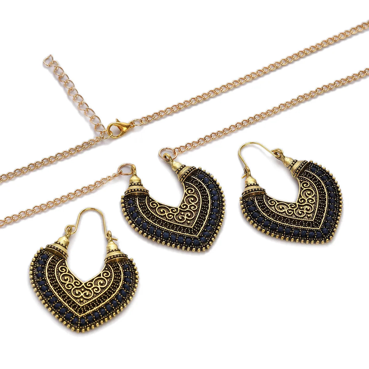 Rope winding heart-shaped earrings and matching necklace set with electroplated alloy pendants, shown in one of five colours