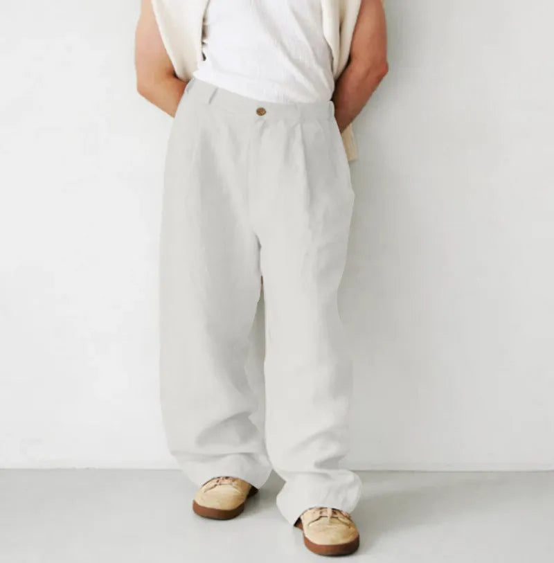 Men's loose fit high waist linen blend casual trousers in olive colour
