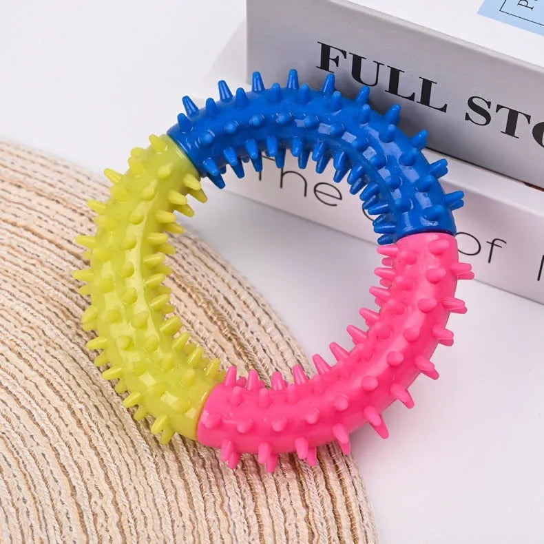 Rubber ring dog chew toy, 10cm, 32g, for puppy teething and interactive training, blue pink purple or red yellow blue
