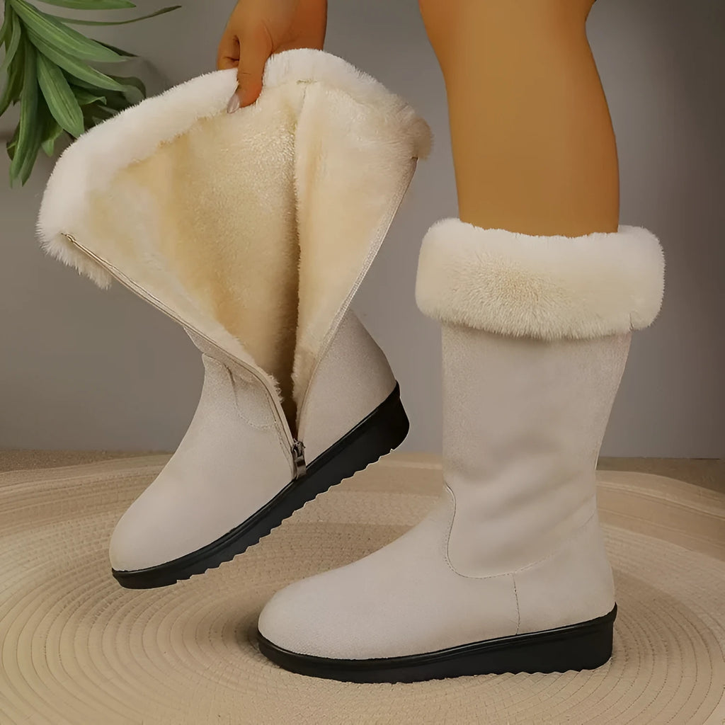 Fleece-lined thickened mid-calf waterproof platform snow boots in black, side view