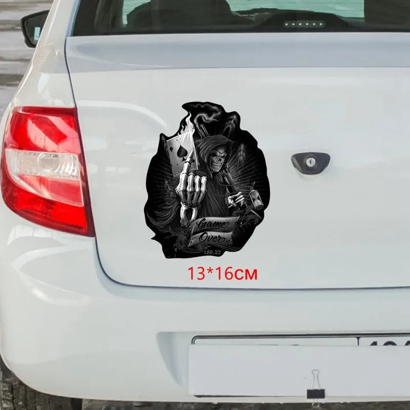 Black reflective skull spades playing card car sticker on vehicle body