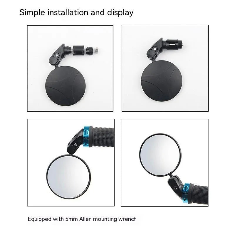 Black foldable convex rearview mirror showing 7cm diameter reflector and 14cm length adjustable arm.