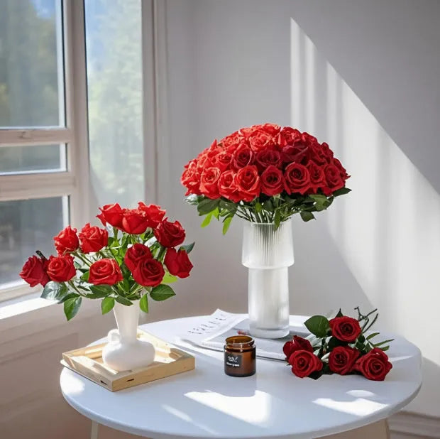 Red artificial silk flower bouquet with plastic stems for home decoration