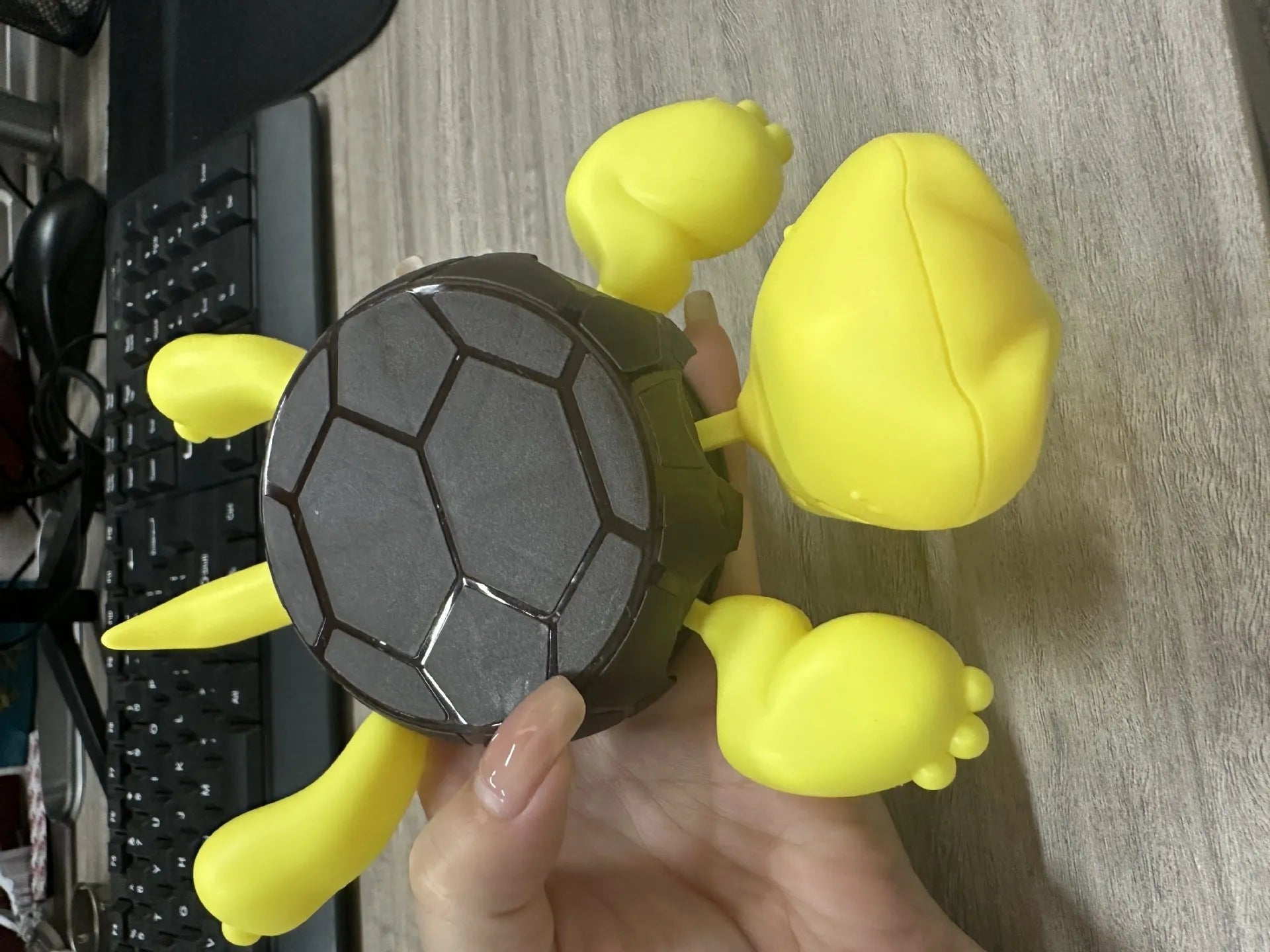 Turtle-shaped ABS plastic coaster in light green on a wooden table