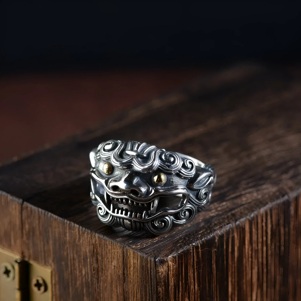 Silver open style ring showing Domineering Jibeast pattern with zodiac animal modelling