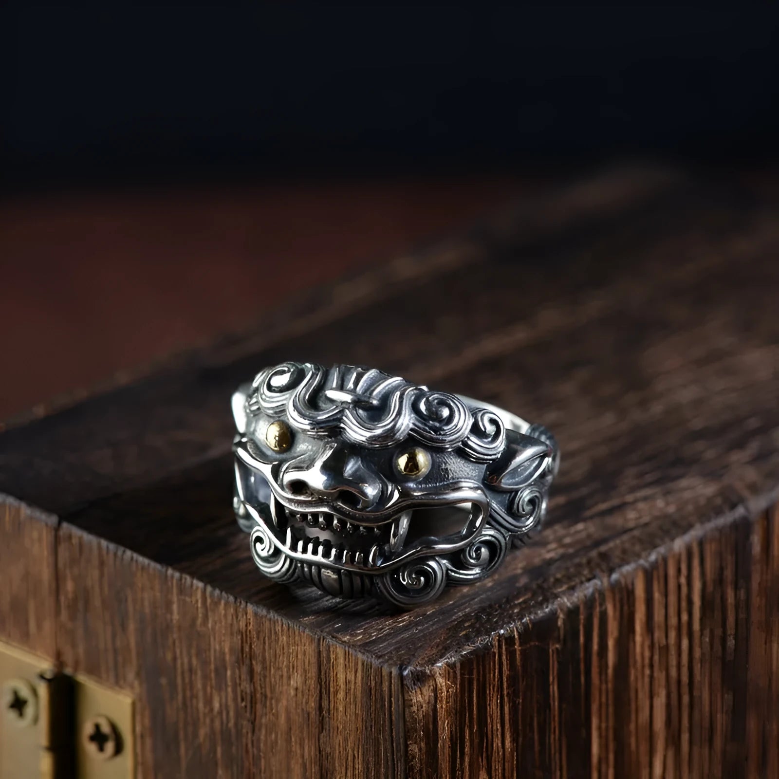 Silver open style ring showing Domineering Jibeast pattern with zodiac animal modelling