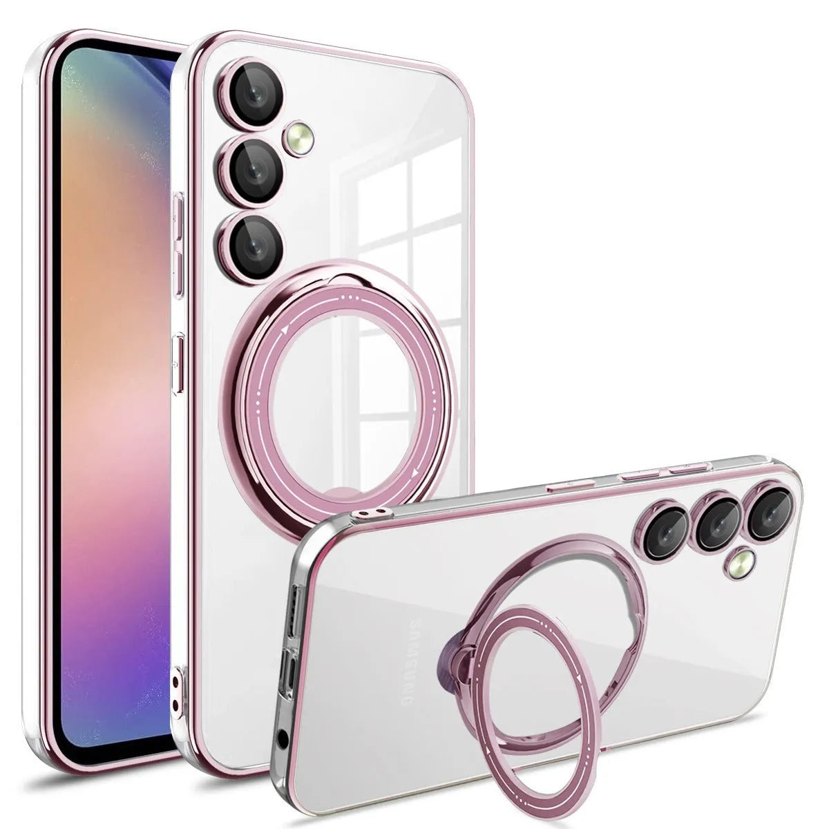 Electroplating transparent TPU phone case with magnetic suction and bracket for Samsung, black colour
