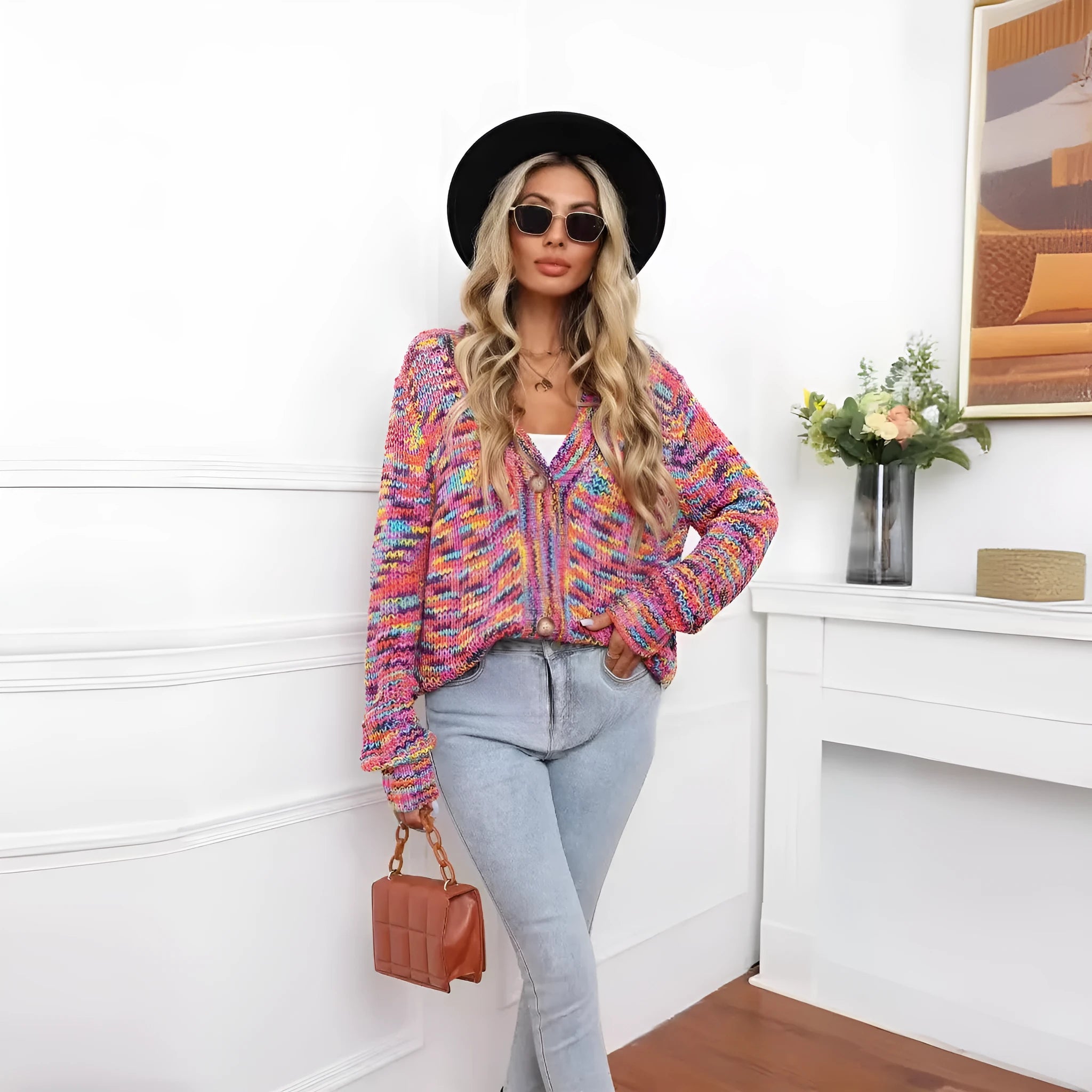 Rose Red rainbow striped loose-fit knitted cardigan coat on a hanger.