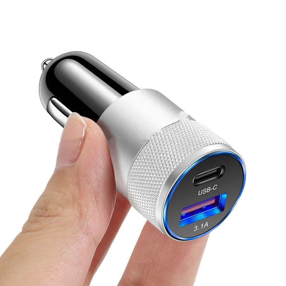 Aluminium alloy car charger showing compact 2.5x6cm dimensions with 12V input for vehicle use