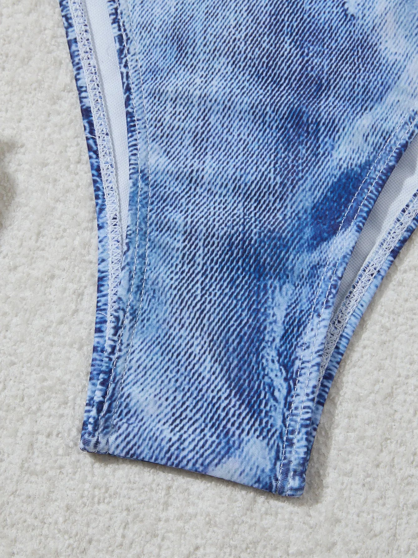 Women's denim print bikini set with adjustable straps in denim blue colour